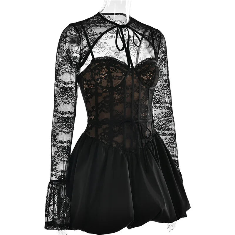 Balloon cut satin mini dress with corset design and lace cap sleeves - Miala