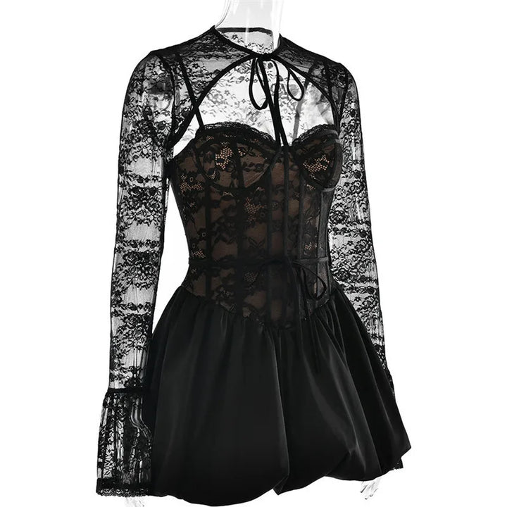 Balloon cut satin mini dress with corset design and lace cap sleeves - Miala