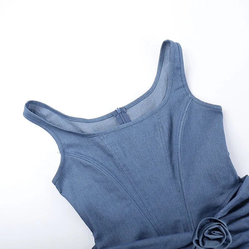 Denim mini dress with corset design and flower detail - Priel