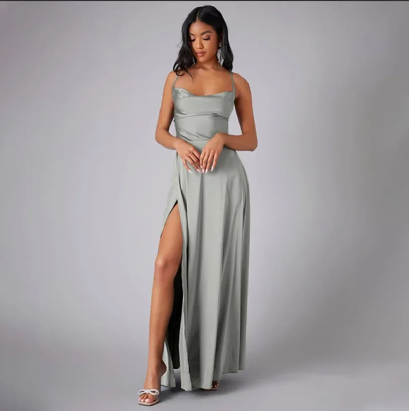 Maxi Satin Dress with Slit Detail and Back Tie - Leona