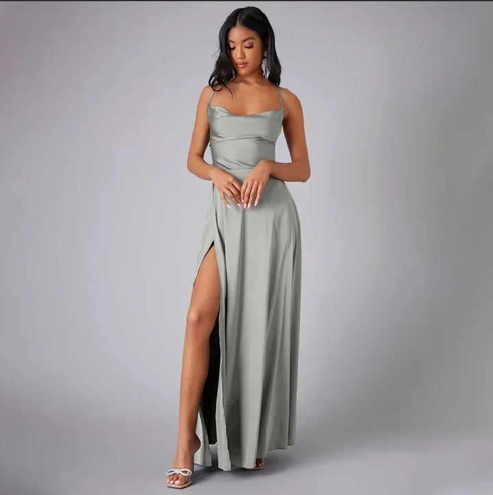Maxi Satin Dress with Slit Detail and Back Tie - Leona
