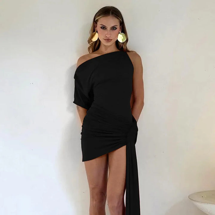 Mini dress with asymmetric design and train decoration - Nina