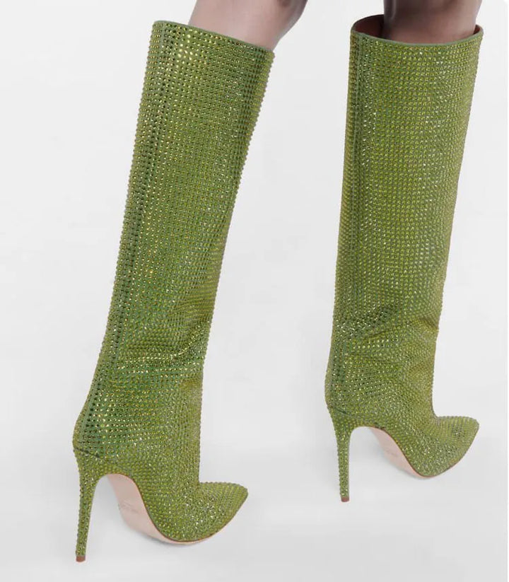 High Pointed Heel Boots with Sparkling Rhinestone Design - Josie