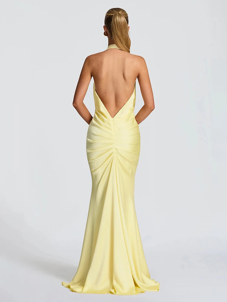 Satin Maxi Dress with V-Neck, Pleats, and Open Back - Shannon