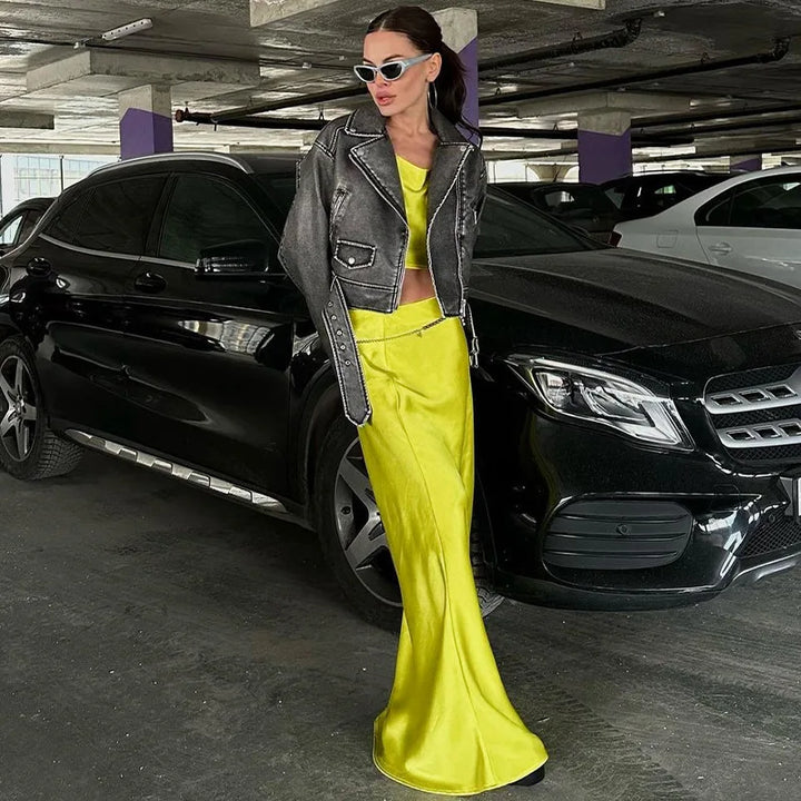 Two-piece satin set with blouse and maxi skirt - Daniela