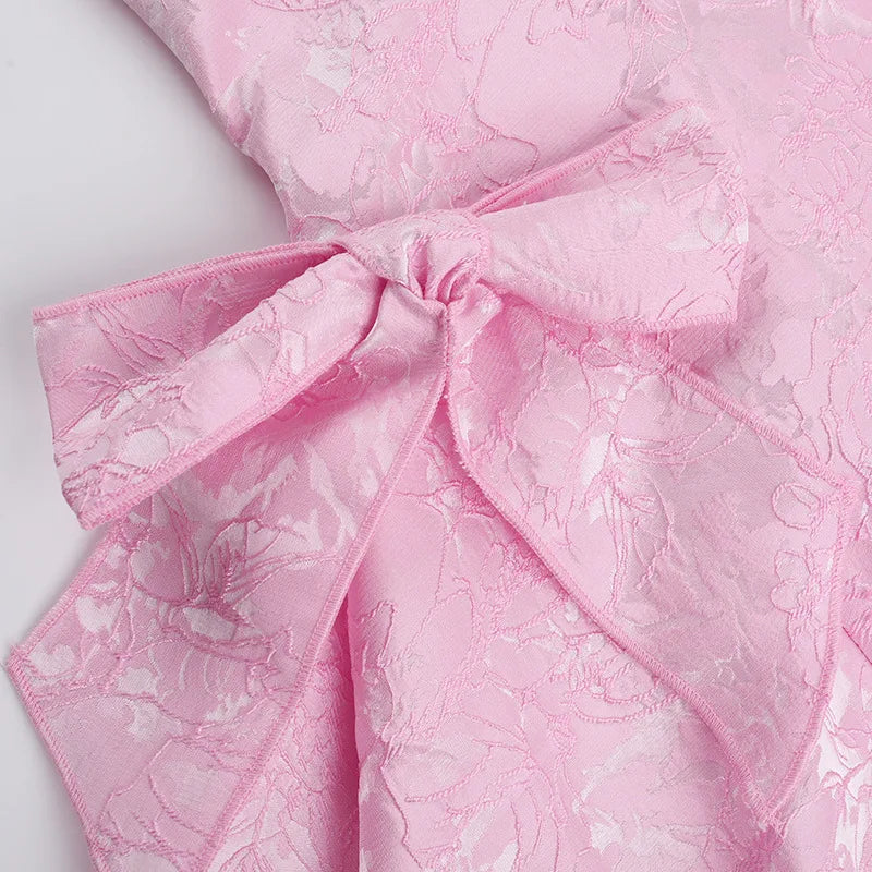 A-line mini dress with neck tie and embroidered floral illustration with bow details - Carolina
