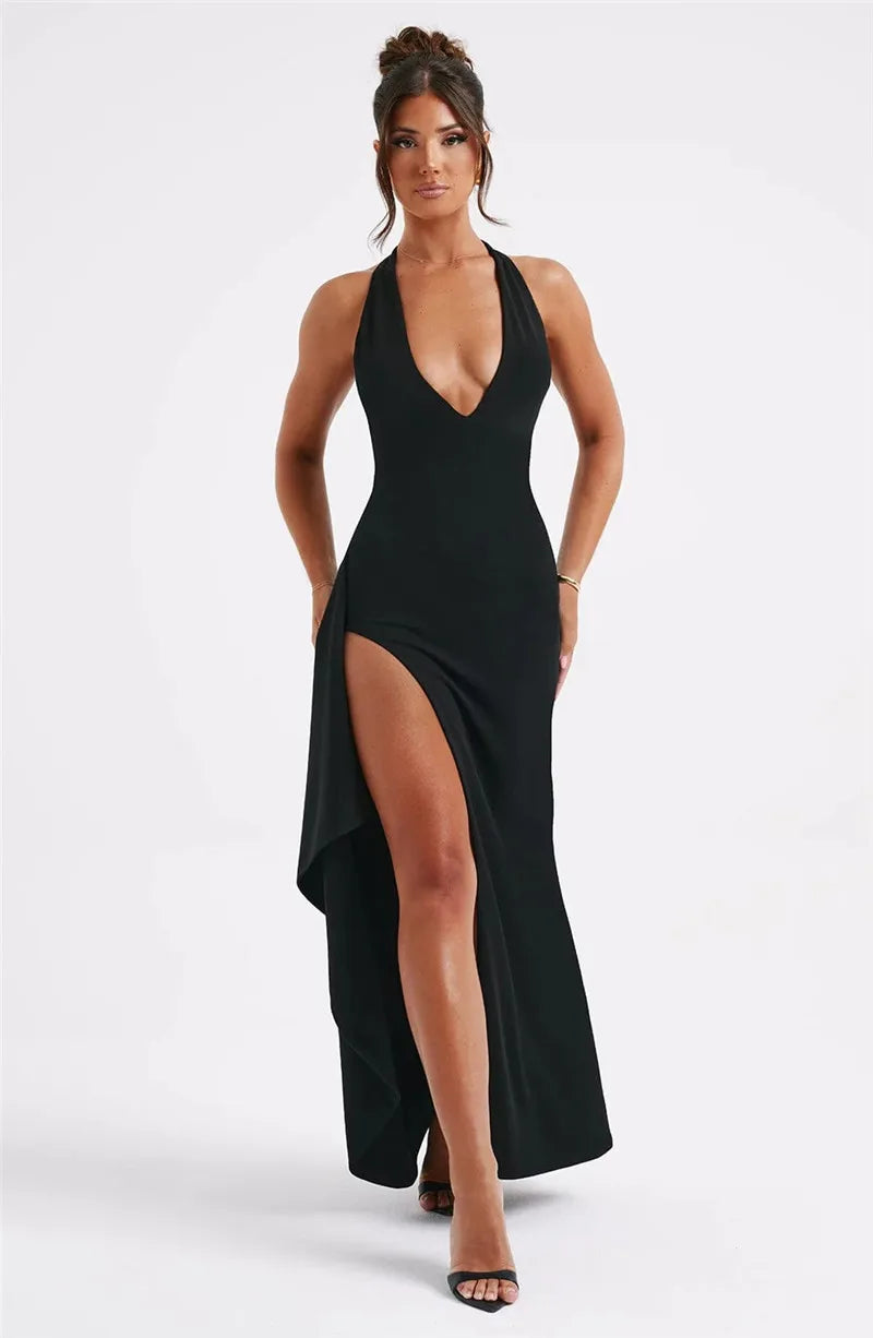 Luxury Maxi Dress with V-Neck, Deep Slit, and Open Back - Alicia