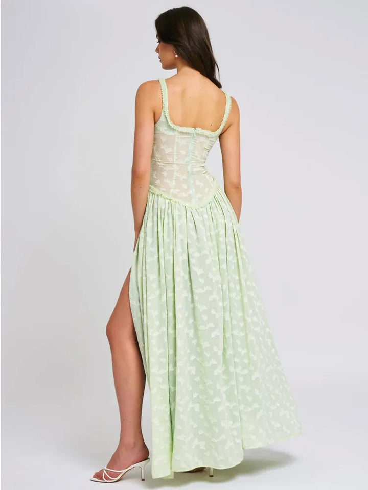 Chiffon Maxi Dress with Floral Embroidery, A-Line Cut, and Slit Design - Alejandra