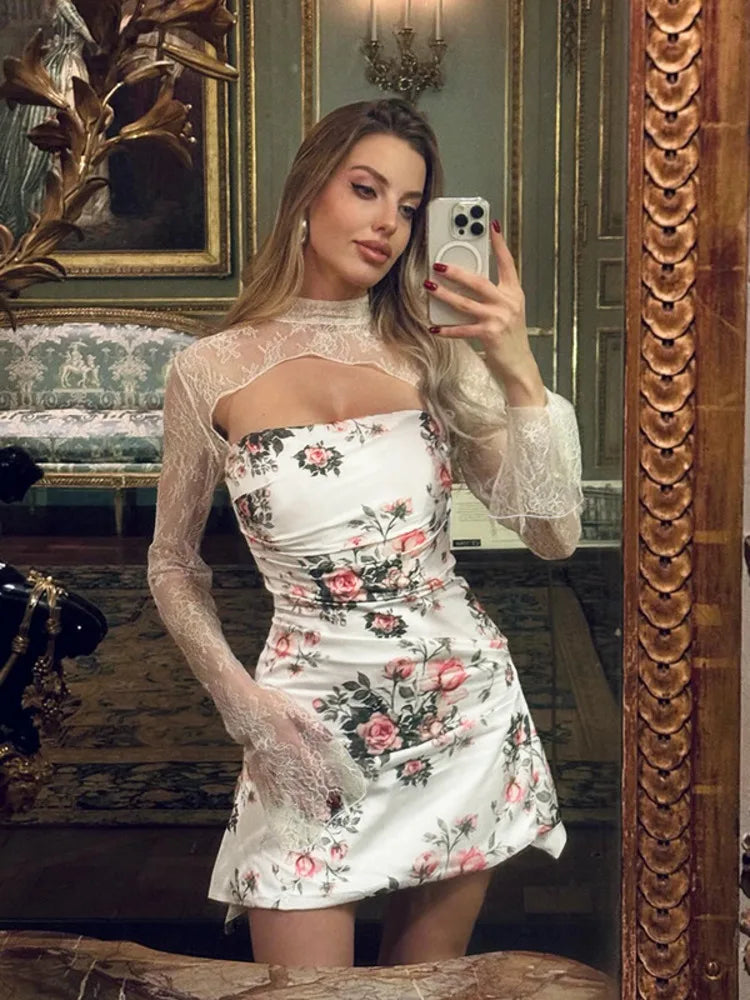 Floral mini dress with lace decoration - Sigal