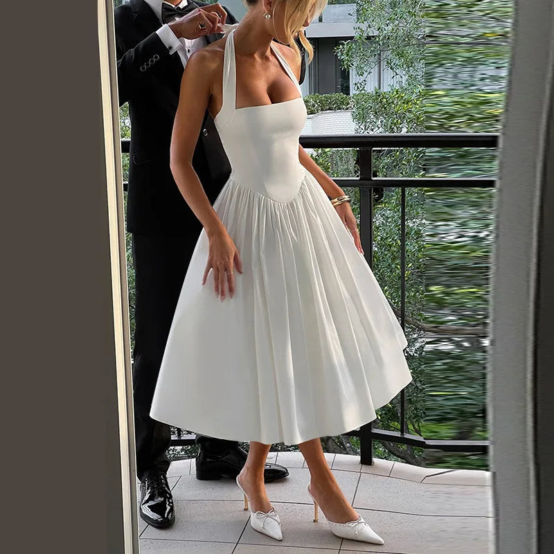 A-line midi dress with open back and neck tie - Angie