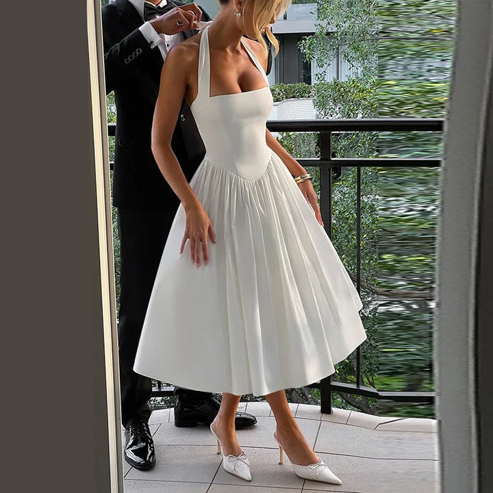 A-line midi dress with open back and neck tie - Angie