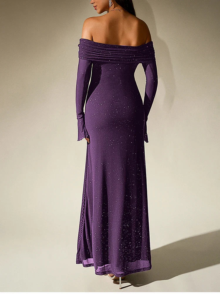Sequin maxi dress with off-shoulder design and bell sleeves - Margarita