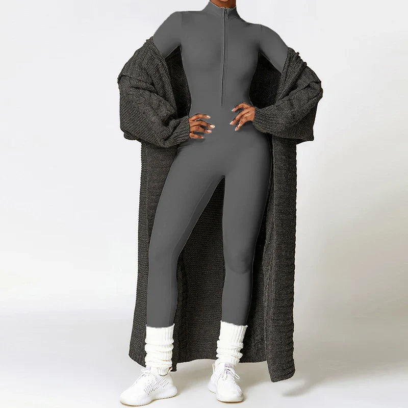 Short/long sporty fitted jumpsuit with shaping fabric and zipper closure - Andi