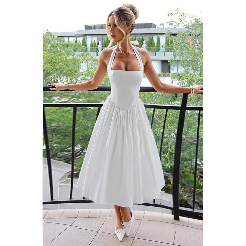 A-line midi dress with open back and neck tie - Angie