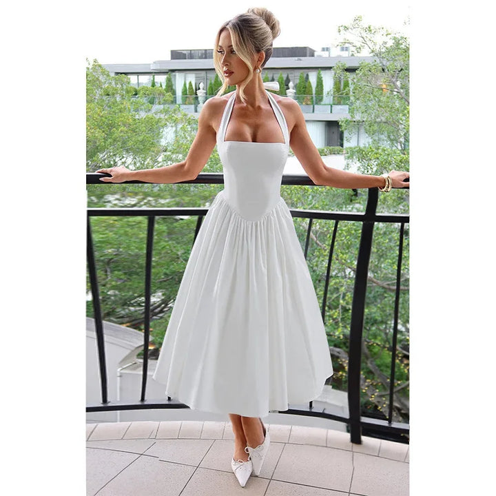 A-line midi dress with open back and neck tie - Angie