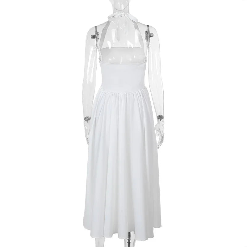 A-line midi dress with open back and neck tie - Angie