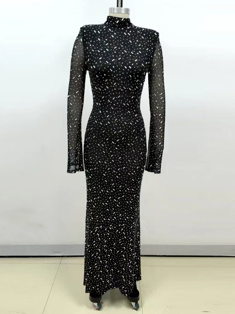 Luxurious Evening Maxi Dress with Sparkling Diamond Embellishment and Turtleneck Collar - Emerson