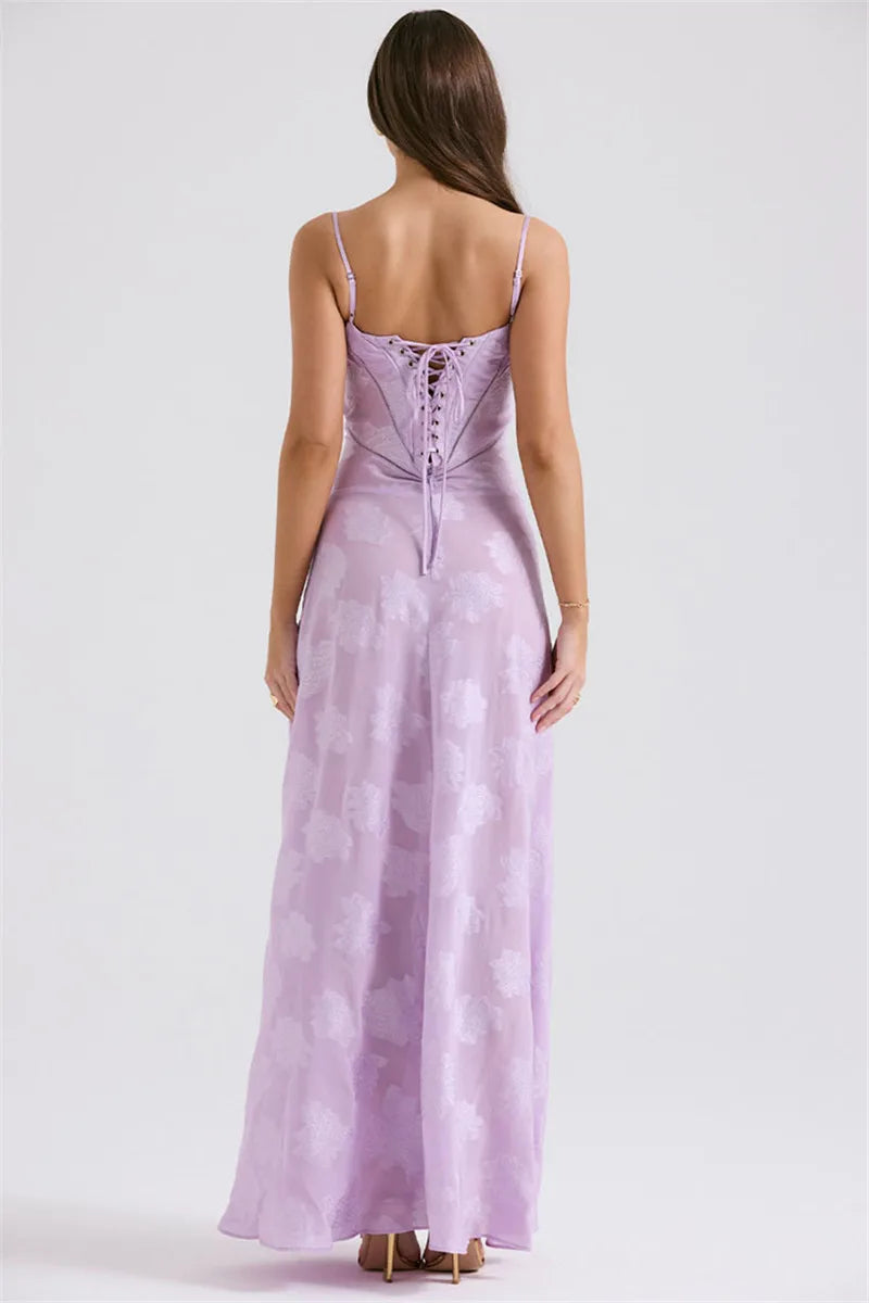 Maxi Dress with Floral Embroidery, Back Tie for Waist Fit - Millie