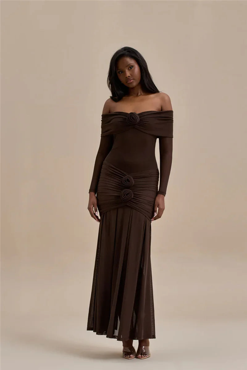 Off-shoulder maxi dress with ruching and floral appliqué decoration - Angelica