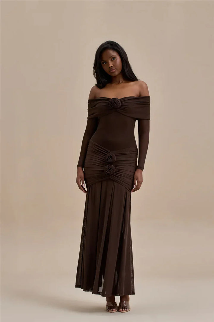 Off-shoulder maxi dress with ruching and floral appliqué decoration - Angelica