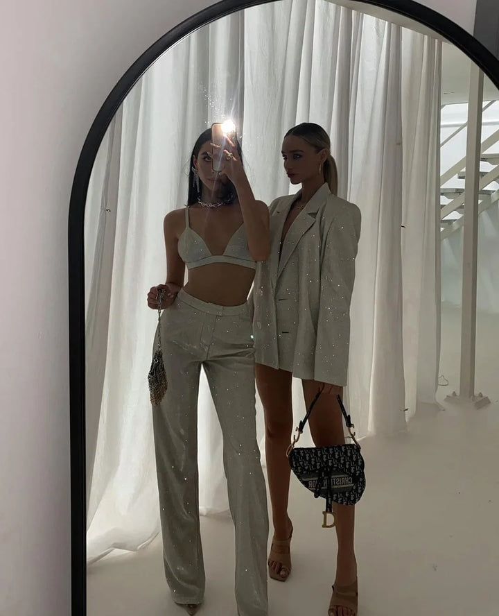 Three-Piece Sequin Suit with Bra, Blazer, and Long High-Waisted Pants - Pasha