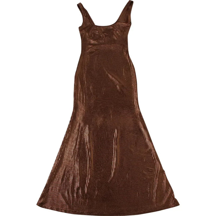 Fitted Maxi Dress with Sparkling Square Embellishment and Open Back Design - Genesis