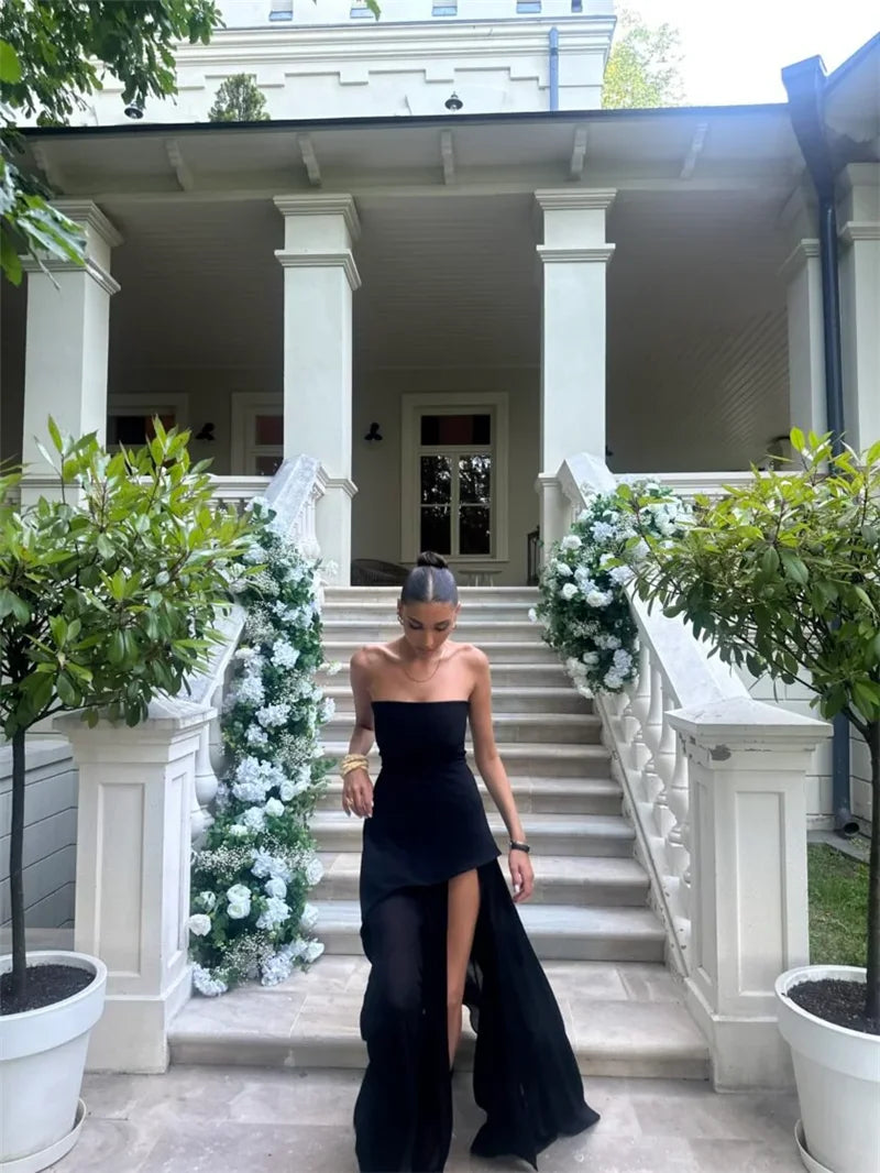 Strapless Maxi Dress with Chiffon Bottom, Slit Design, and Matching Scarf Detail - Princess