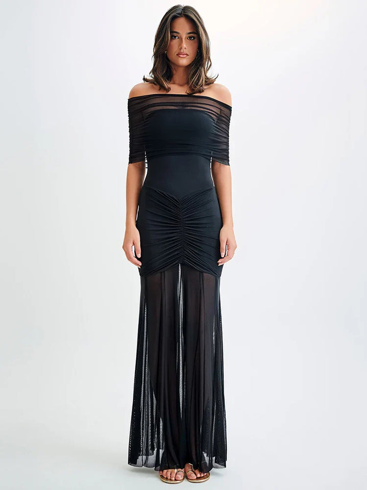 Chiffon Maxi Dress with Gathered Off-the-Shoulder Design - Delilah