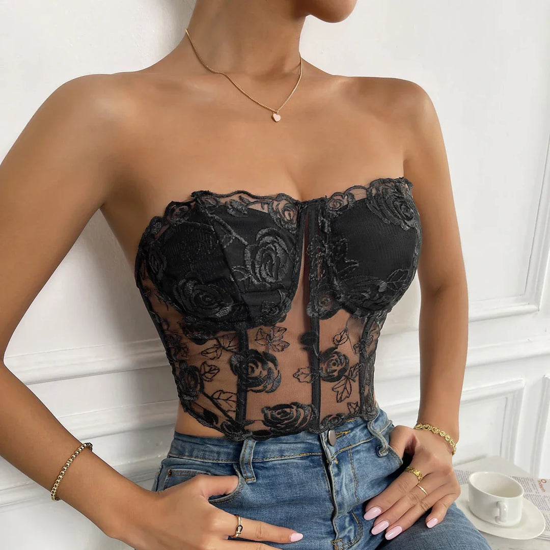 Strapless Mesh Top with Floral Embroidery - Noya Lee