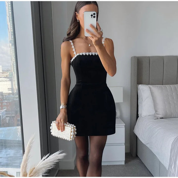 Velvet Mini Dress with Pearl Embellishment - Vera