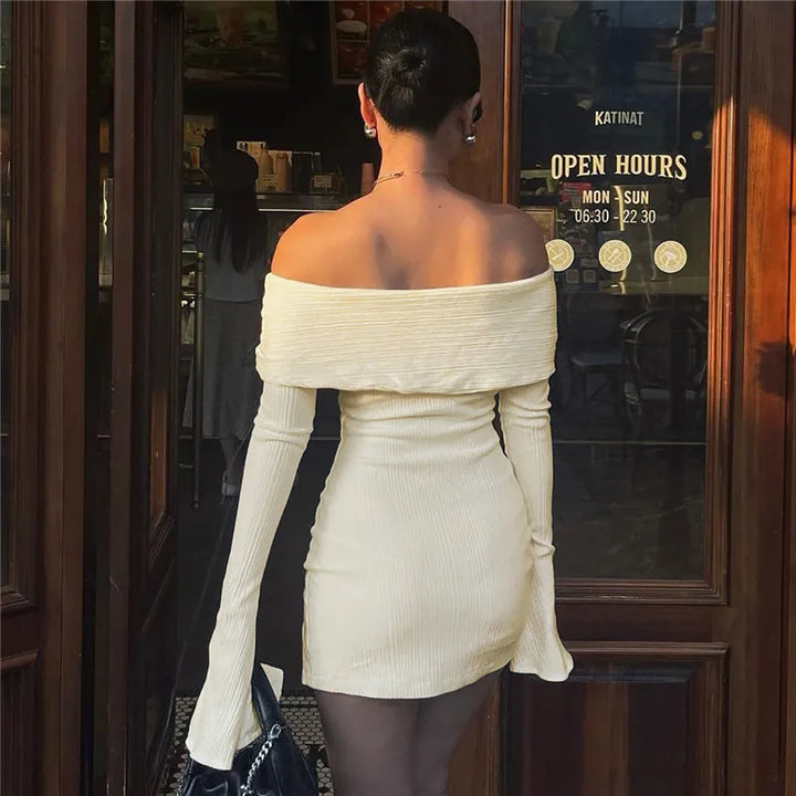 Knitted mini dress with off-shoulder and bow ribbon decoration - Yanga