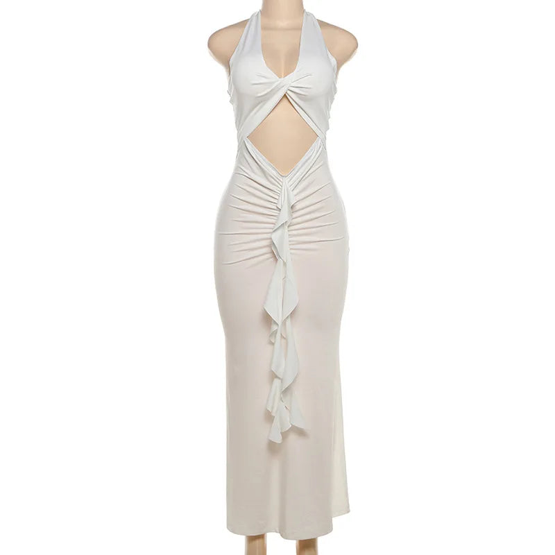 Fitted Maxi Dress with Ruffle Decoration and Slit Design - Jolene