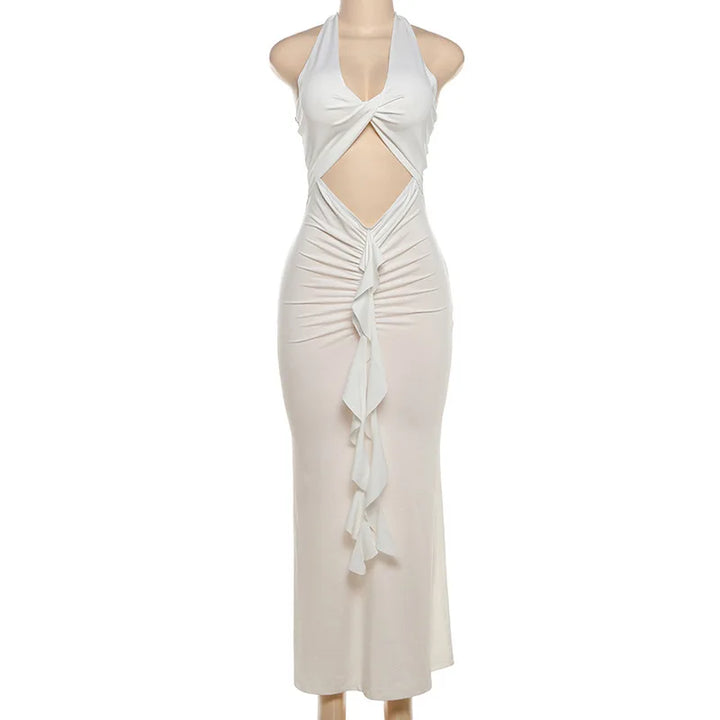 Fitted Maxi Dress with Ruffle Decoration and Slit Design - Jolene