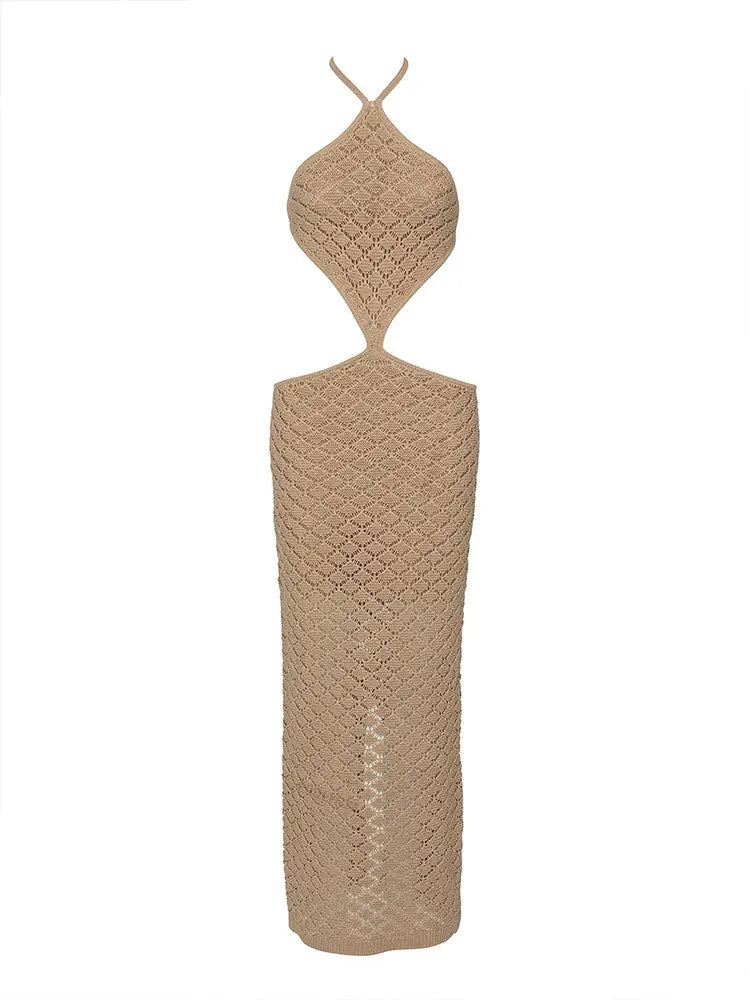 Maxi Beach Mesh Collar Dress with Waist Design and Open Back - Shaya