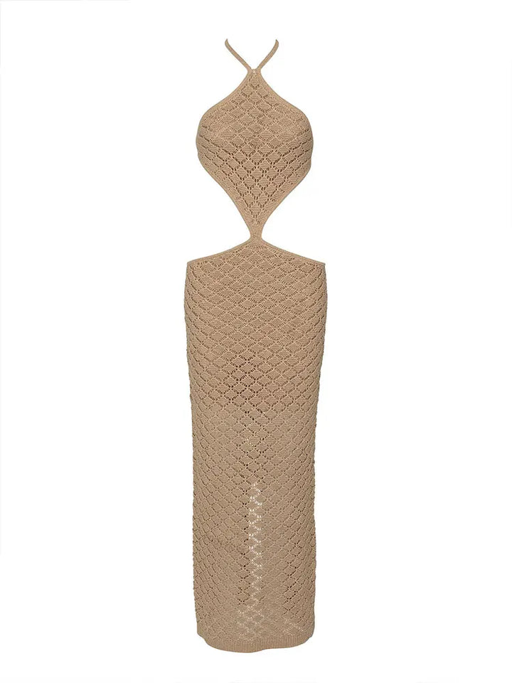 Maxi Beach Mesh Collar Dress with Waist Design and Open Back - Shaya