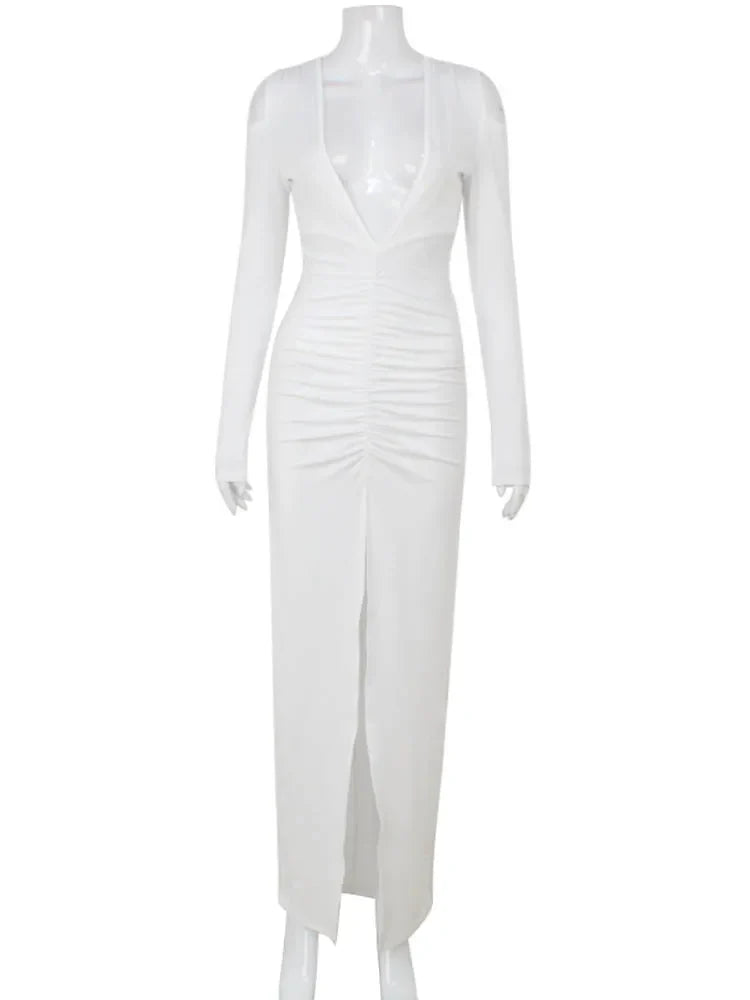 Maxi Dress with Ruching, V-Neckline, Slit, and Off-Shoulder Design - Sylvia