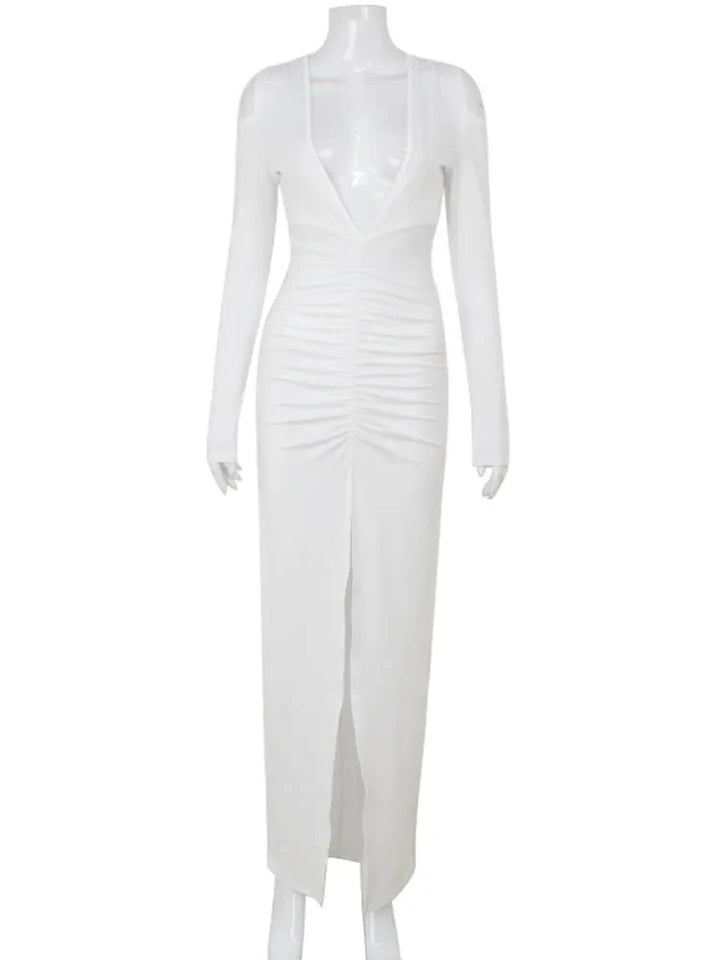 Maxi Dress with Ruching, V-Neckline, Slit, and Off-Shoulder Design - Sylvia
