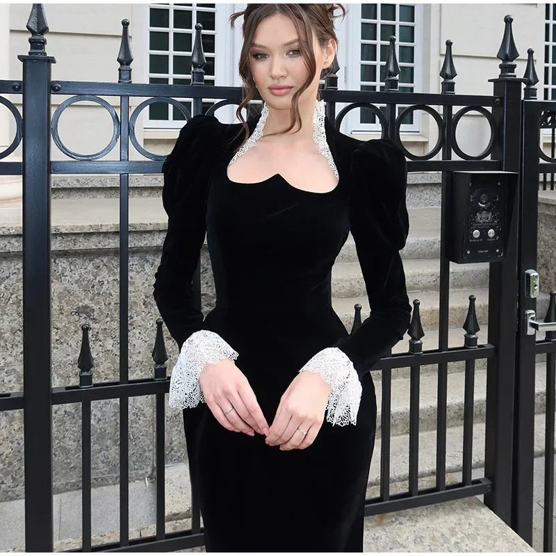 Velvet Maxi Dress with Lace Embellation - Saylor