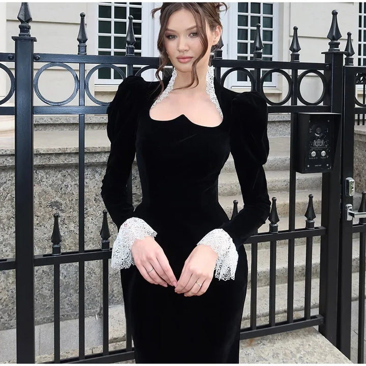 Velvet Maxi Dress with Lace Embellation - Saylor