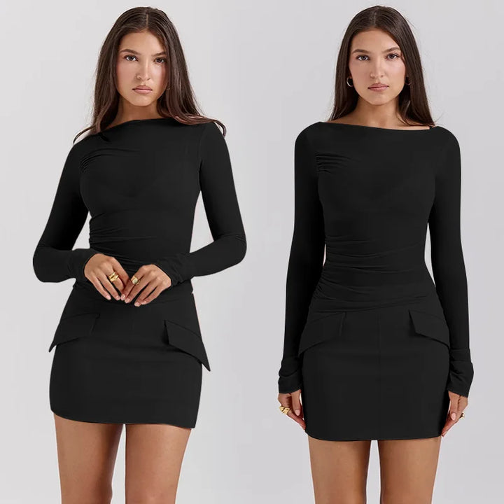 Three-Piece Set: Mini Skirt, Shirt, and Fitted Corset with Pocket Detail - Pearl