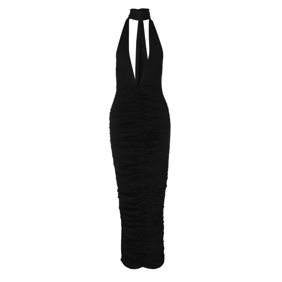 Maxi Dress with Collar, Ruching, Fitted V-Neck, Open Back - Jimena
