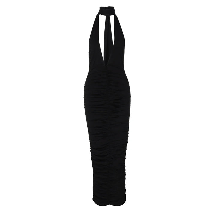 Maxi Dress with Collar, Ruching, Fitted V-Neck, Open Back - Jimena