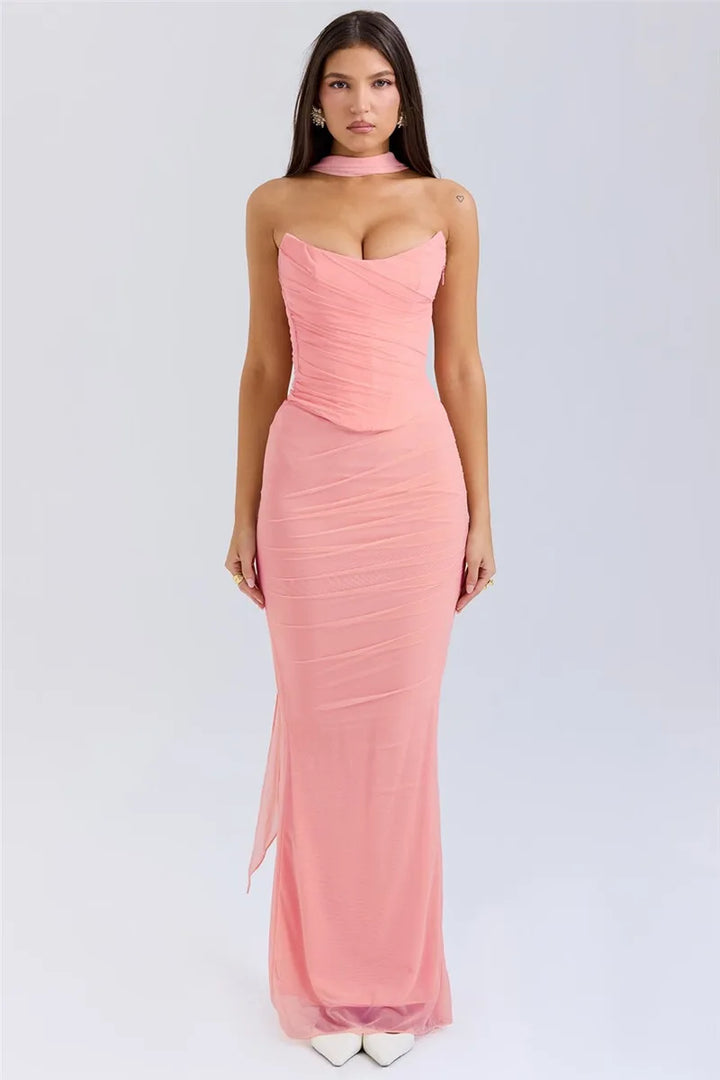 Two-Piece Set with Strapless Top and Maxi Skirt with Matching Scarf Detail - Francia