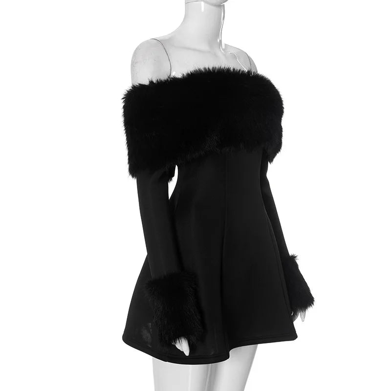 Off-shoulder A-line mini dress with feather fur detail - Ira