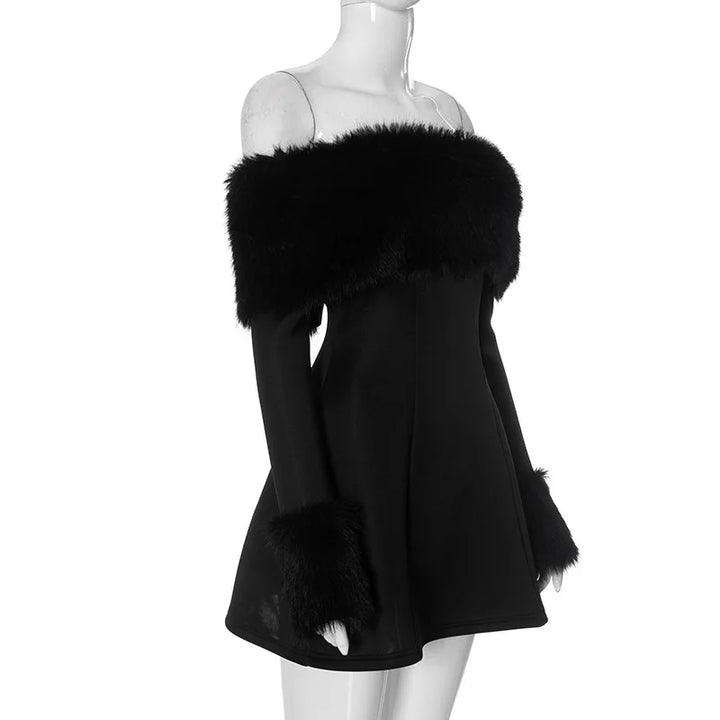 Off-shoulder A-line mini dress with feather fur detail - Ira