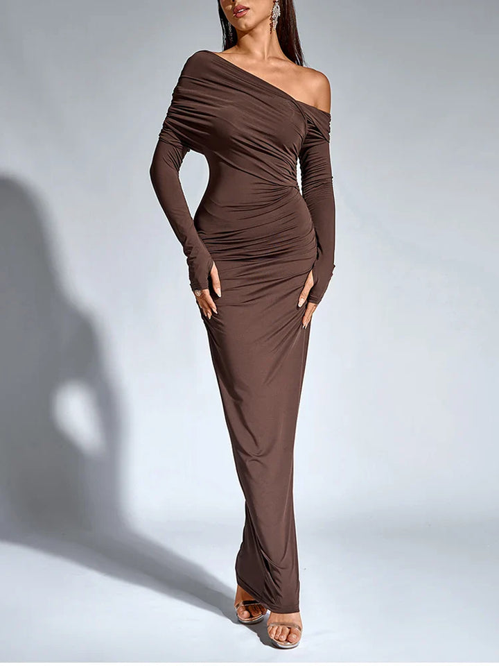Maxi Dress with Ruching and One-Shoulder Design - Sharala