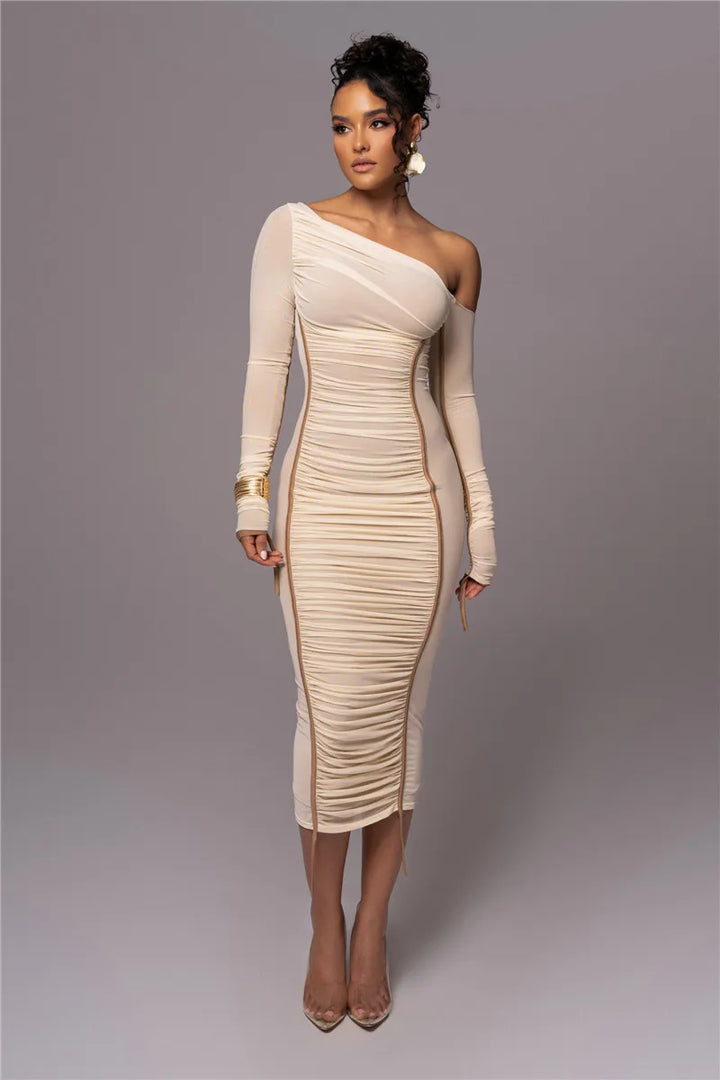 Midi ruched dress with asymmetrical neckline - LOV