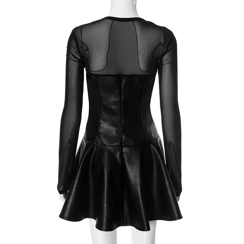 A-line faux leather mini dress with mesh sleeves - Ofek