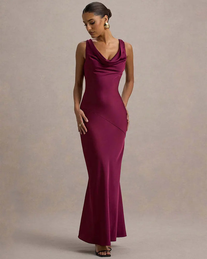 Maxi satin dress with draped collar and open back - Alexis