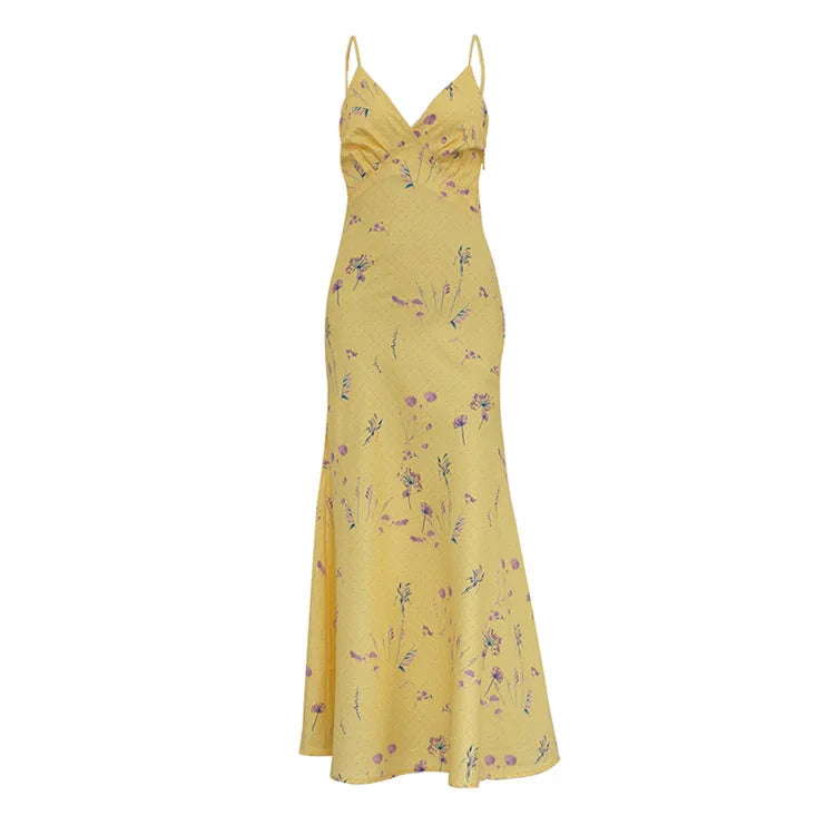 Maxi Satin Dress with Floral Print Detail - Baylee